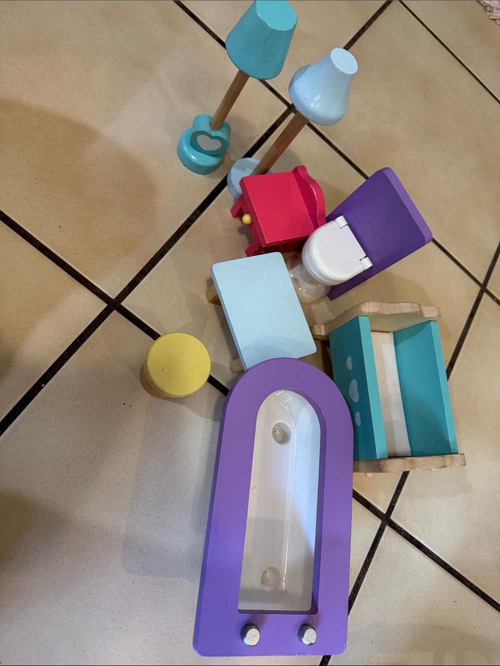 Kidkraft Wooden Dollhouse Bathroom & Bedroom Accessory Set - Purple & Aqua